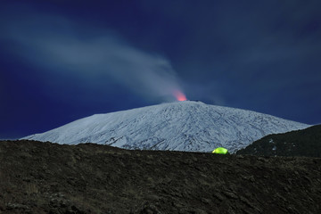 Wall Mural - Illuminated Tent And Snowy Etna, Etna Park - Sicily