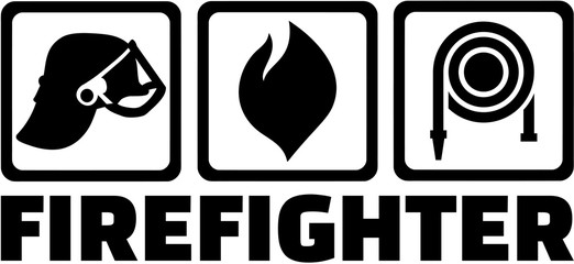 Poster - Firefighter with icons - helmet flame hose