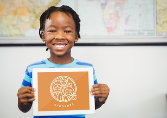 Poster - Happy boy holding a tablet with education icon on the screen