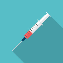 Syringe Icon With Long Shadow. Flat Design Style. Syringe Simple Silhouette. Modern, Minimalist Icon In Stylish Colors. Web Site Page And Mobile App Design Vector Element.