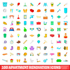Poster - 100 apartment renovation icons set, cartoon style