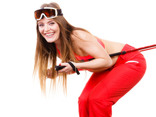 Poster - Ready to ride woman wearing ski suit holding poles