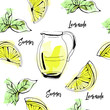 Seamless vector pattern of hand drawn lemonade, lemon and mint on watercolor background.
