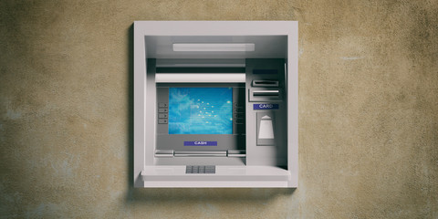 ATM machine on a plastered wall. 3d illustration