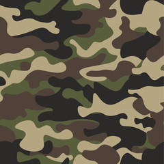 Camouflage seamless pattern background. Classic clothing style masking camo repeat print. Green brown black olive colors forest texture. Design element. Vector illustration.