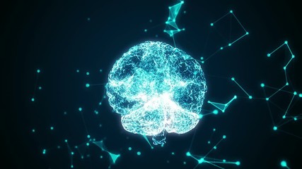 Poster - Human brain being formed by revolving particles. Plexus structure evolving around. Blue abstract futuristic science and technology motion background. 3D animation