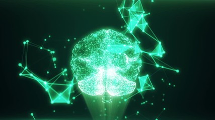 Poster - Human brain being formed by revolving particles. Plexus structure evolving around. Green abstract futuristic science and technology motion background. 3D animation
