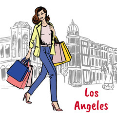 Wall Mural - Woman with shopping bags on Rodeo Drive