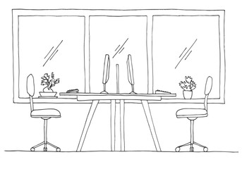 Fototapete - Open Space office. Workplaces outdoors. Tables, chairs. Vector illustration in a sketch style.