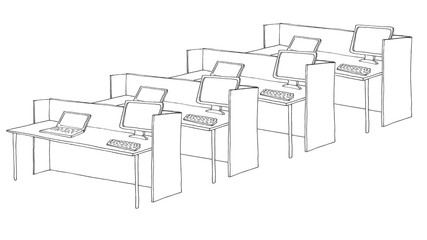 Fototapete - Open Space office. Workplaces outdoors. Tables, chairs and windows. Vector illustration in a sketch style.