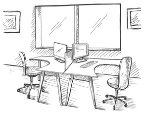 Fototapete - Open Space office. Workplaces outdoors. Tables, chairs. Vector illustration in a sketch style.