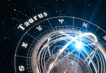 Wall Mural - zodiac sign taurus and armillary sphere on black background