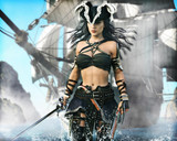 Portrait of a pirate female coming ashore . 3d rendering