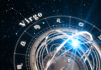 Wall Mural - zodiac sign virgo and armillary sphere on black background