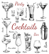Set Sketch Cocktails And Alcohol Drinks Hand Drawn Illustration