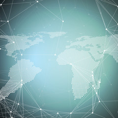 Poster - World map on blue. Global network connections, geometric design, dig data concept. Abstract futuristic network shapes. High tech HUD background, connecting lines and dots, polygonal linear texture.