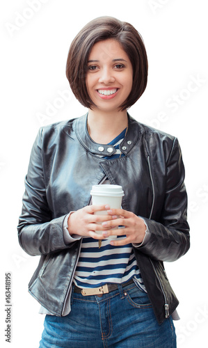 Portrait Of Beautiful Smiling Young Latin Hispanic Girl Woman With Short Dark Black Hair Bob Holding Cup Of Coffee Tea Isolated On White Background Looking In Camera Natural Smile Emotion Kaufen