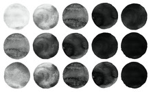 Set Of Black And Gray Watercolor Circles Isolated On White.