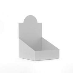 Wall Mural - POS POI Cardboard Blank Empty Display Show Box Holder For Advertising, Leaflets, Products Mock Up Template On Isolated White Background. Ready For Your Design. 3D Illustration