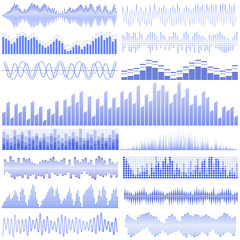 Vector set of blue sound waves. Audio equalizer. Sound & audio waves isolated on white background.
