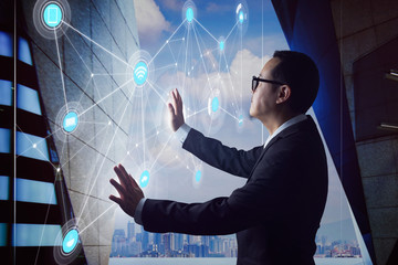 Poster - smart businessman using the modern technologies interface . business , transportation and wireless c