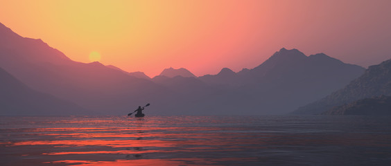 landscape orientation, single kayaker on a lake