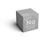 Sodium. Natrium. Alkali metals. Chemical Element of Mendeleev's Periodic Table. Sodium in square cube creative concept.