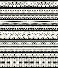 Wall Mural - Set of seamless lace borders. Ten white openwork ribbons isolated on black background.