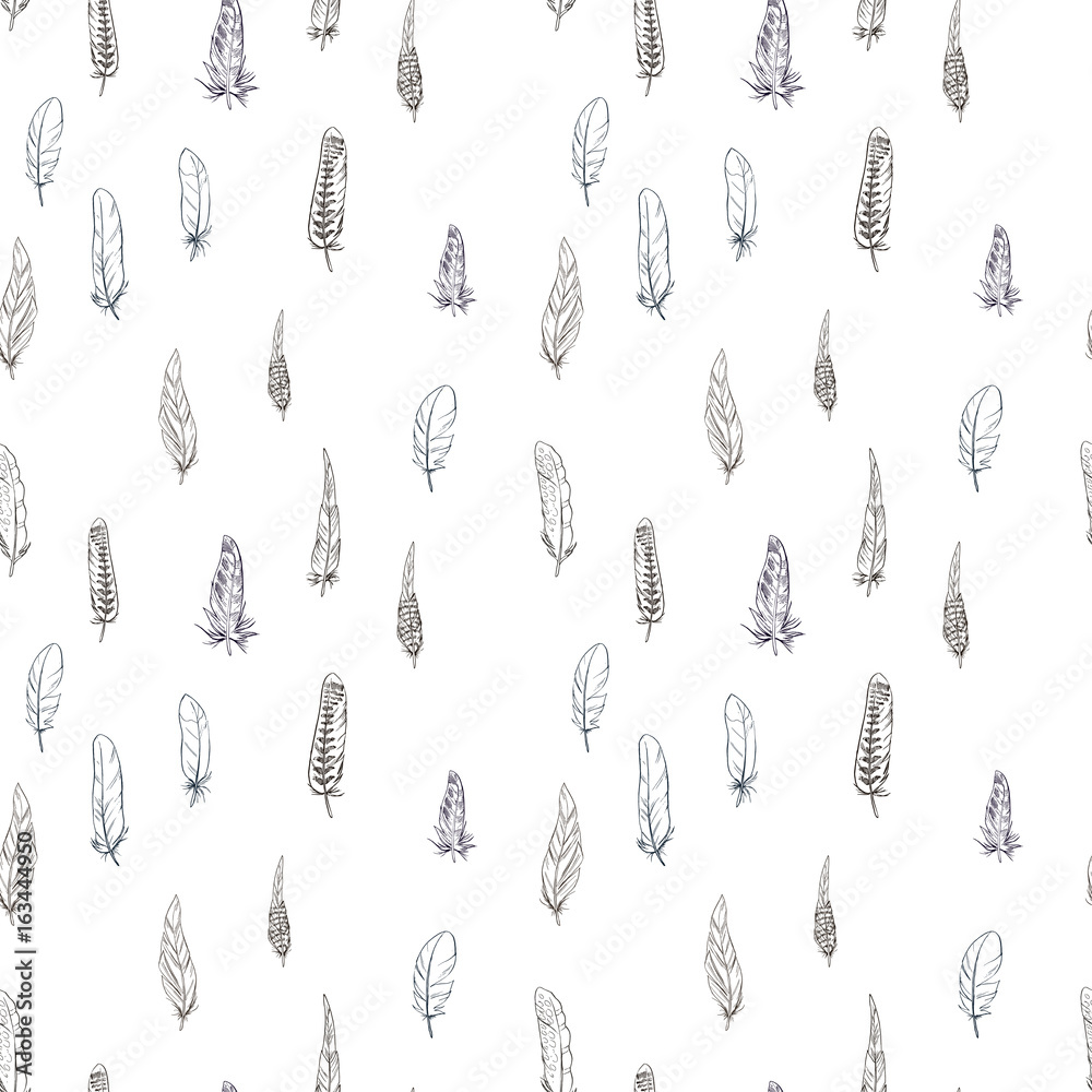 Seamless pattern with contour detailed bird feathers. Vector illustration. - obrazy, fototapety, plakaty 