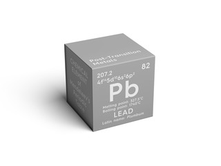 Lead. Plumbum. Post-transition metals. Chemical Element of Mendeleev's Periodic Table. Lead in square cube creative concept.