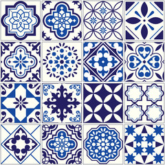 Canvas Print - Vector tile pattern, Lisbon floral mosaic, Mediterranean seamless navy blue ornament