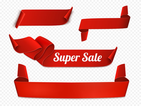 Set of red curved paper blank banners isolated. Vector illustration