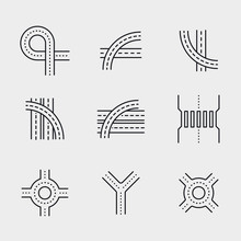 Road Overpass Crossroad Roundabout Minimalistic Flat Line Circle Solid Stroke Icon Pictogram Symbol Set Collection