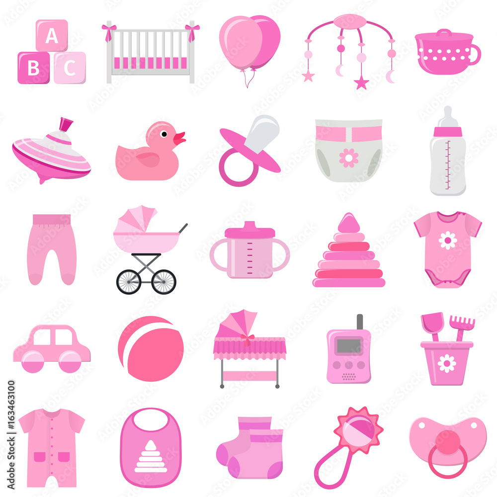 Baby girl icons set. Vector. Baby shower pink symbols isolated on white  background. Collection template elements for newborn kids in flat design.  Colorful illustration. Stock Vector | Adobe Stock, image size:1000x1000