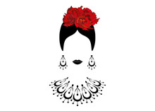 Portrait Of Modern Latin Or Spanish Woman , Lady With Necklace Crafts And Red Flowers , Icon Isolated, Vector Illustration Transparent Background