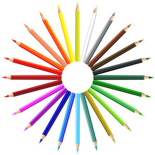 Color Pencils In The Shape Of A Sun And In Rainbow Colors, Isolated Vector