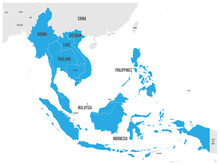 ASEAN Economic Community, AEC, Map. Grey Map With Blue Highlighted Member Countries, Southeast Asia. Vector Illustration.