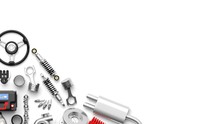 Various Car Parts And Accessories On White Background. 3d Illustration