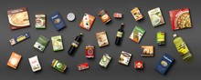 Collection Of Packaged Food On Grey Background. 3d Illustration