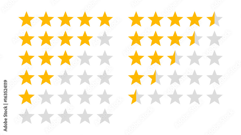 Product rating or customer review with gold stars and half star flat vector icons for apps and websites - obrazy, fototapety, plakaty 