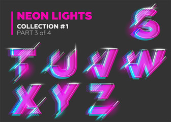 Vector Neon Character Typeset. Glowing Letters on Dark Background.