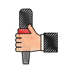 Sticker - hand human with microphone communication device icon vector illustration design