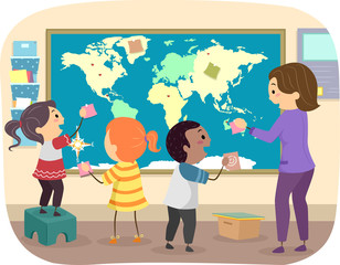 Poster - Stickman Kids Teacher World Map Illustration