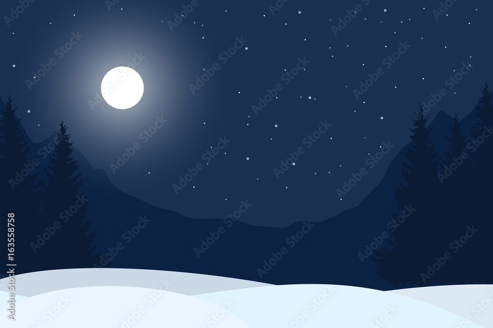 Realistic vector illustration of winter night mountain landscape with ...