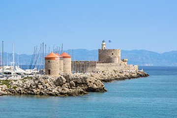 Wall Mural - Mandraki Windmills and Fort Saint Nicholas, Rhodes, Greece