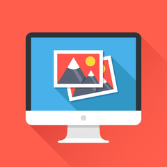 Aufkleber - Computer with two photos on screen. Photo album app, multimedia, image library concepts. Modern long shadow flat design vector illustration