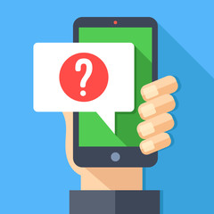 Poster - hand holding smartphone with speech bubble and question mark icon. ask for help, question, support, 