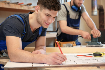 Wall Mural - Young carpenters working in shop