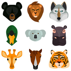 set of animals muzzle color flat icons for web and mobile design