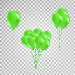 Vector set of realistic isolated green balloons for celebration and decoration on the transparent background. Concept of happy birthday, anniversary and wedding.